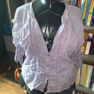 Johnny Was lilac lace inlaid button down boho romantic M blouse